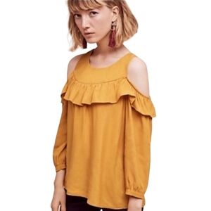 Maeve Anthropologie Sz 0 Mustard Cold Shoulder Ruffle Boho Blouse Artsy Office